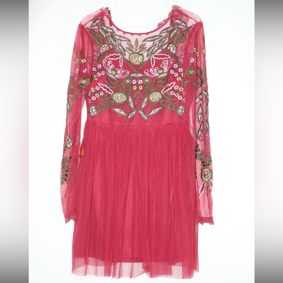 Frock And Frill Sequin Embroidered Floral Flowers Red Boho Mesh Dress S - Picture 1 of 5